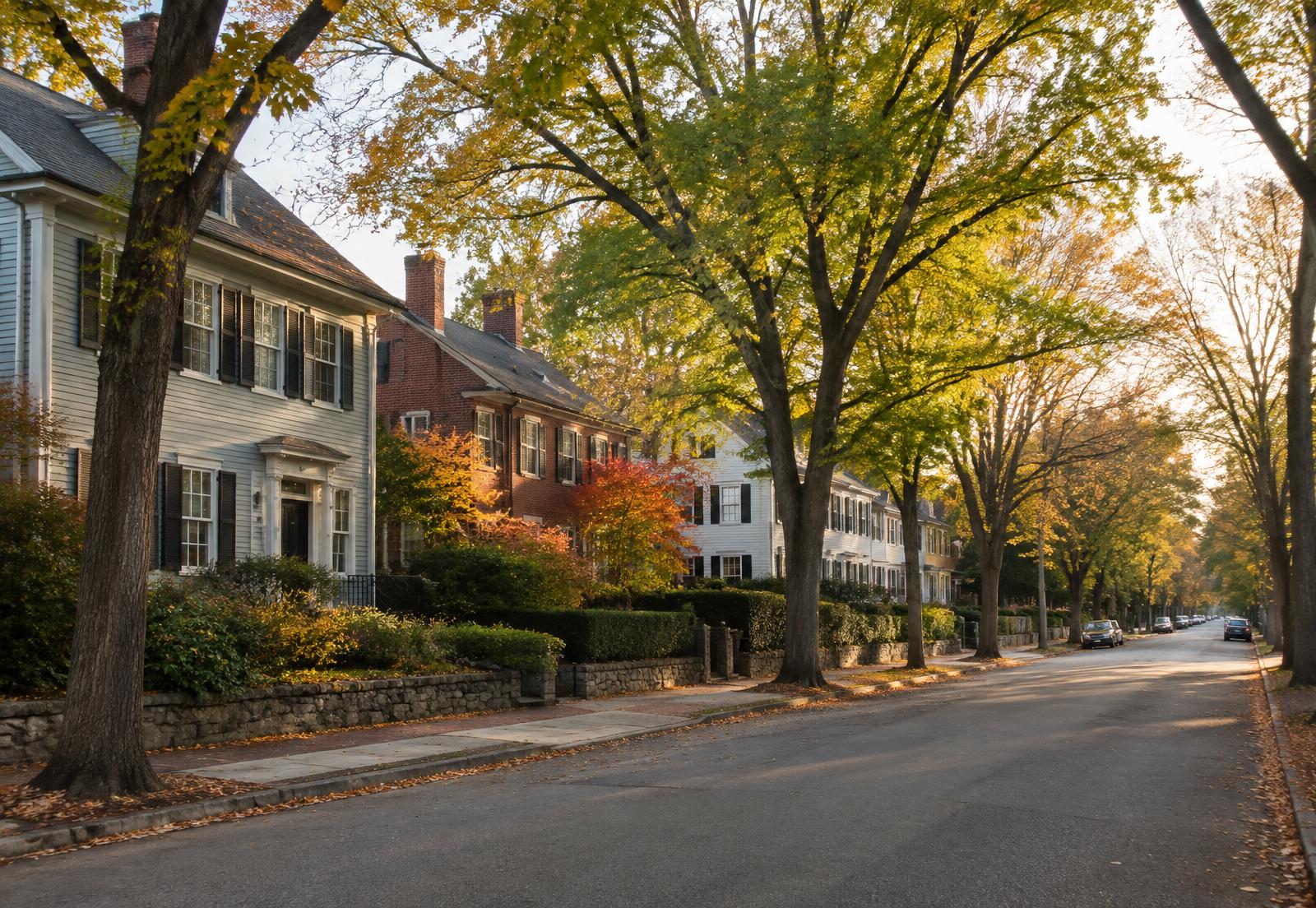 A tree-lined New England street of older homes in autumn