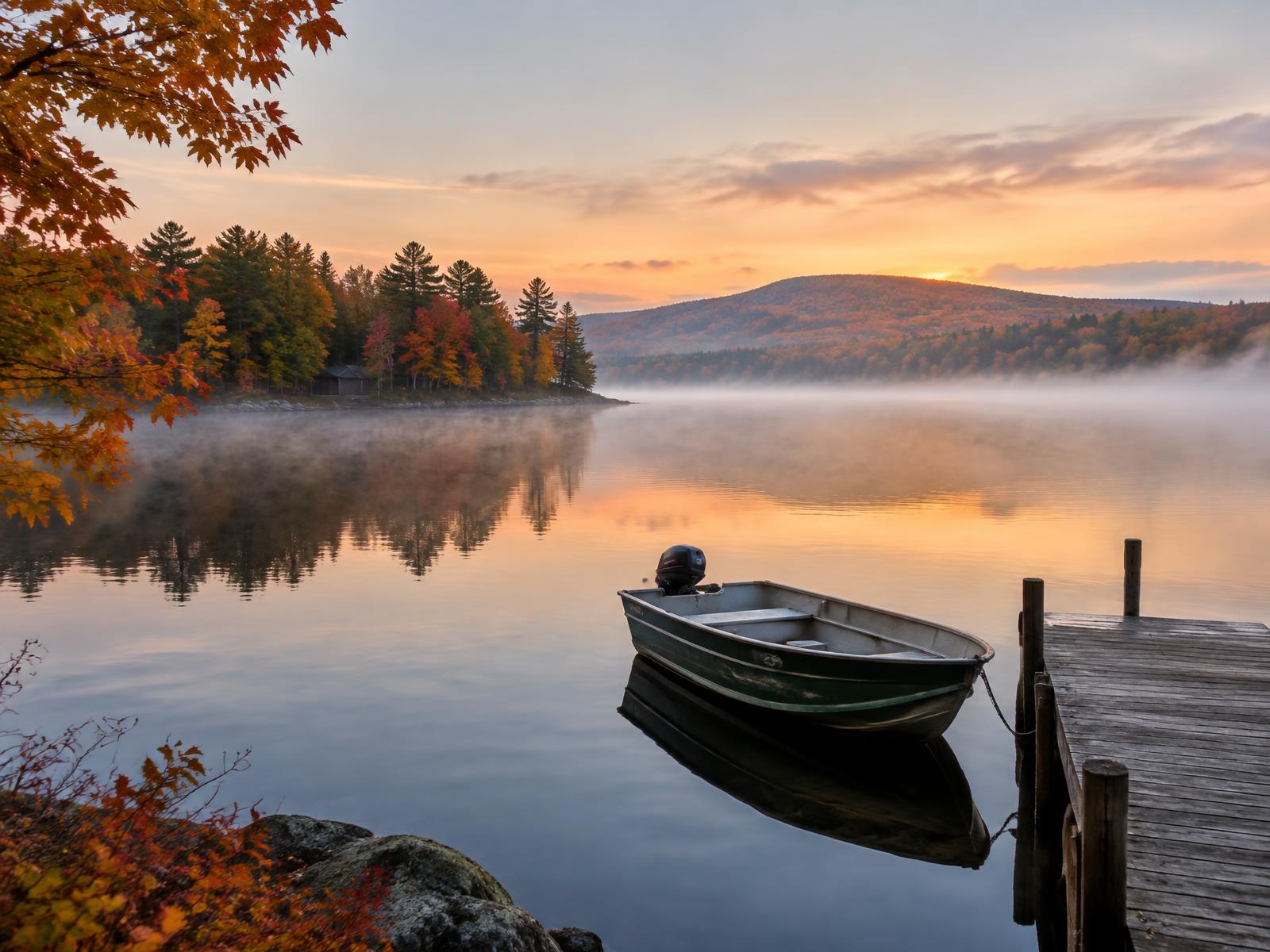 A quiet New England lake at dawn with a wooden dock
