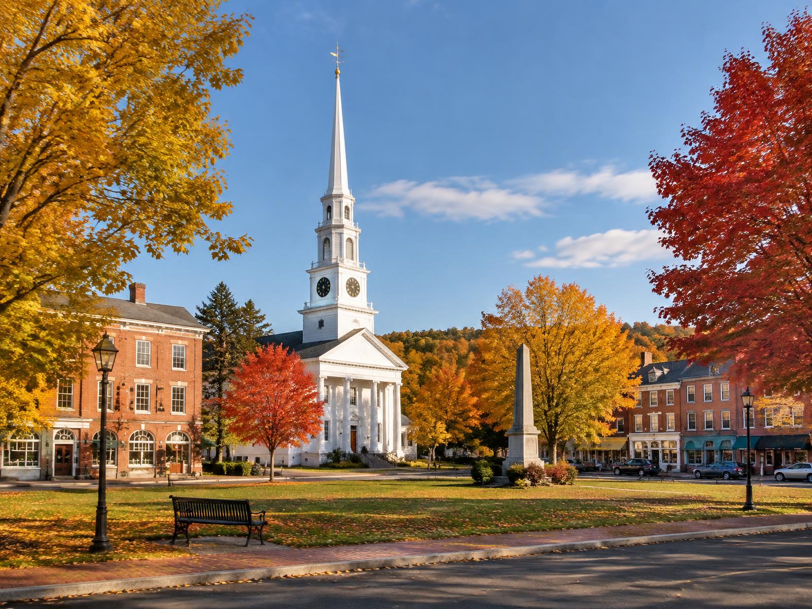 A classic New England town center in autumn