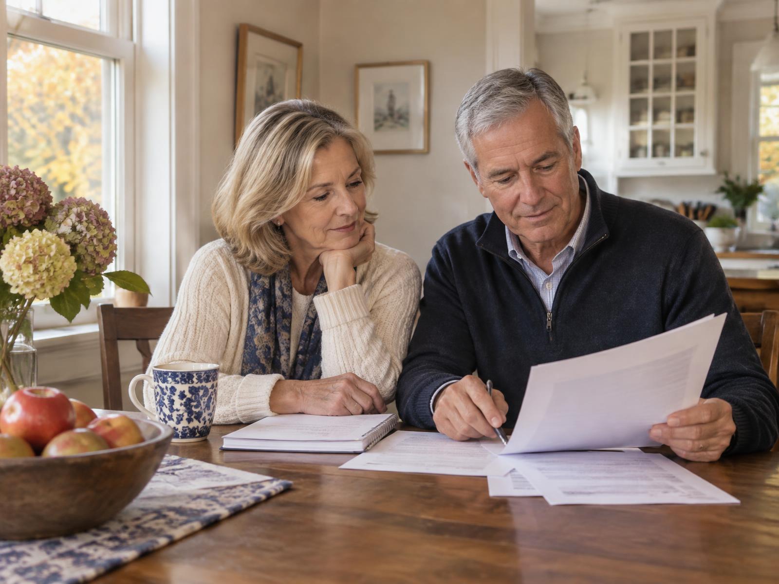A couple in their 60s reviewing retirement papers together at their kitchen table
