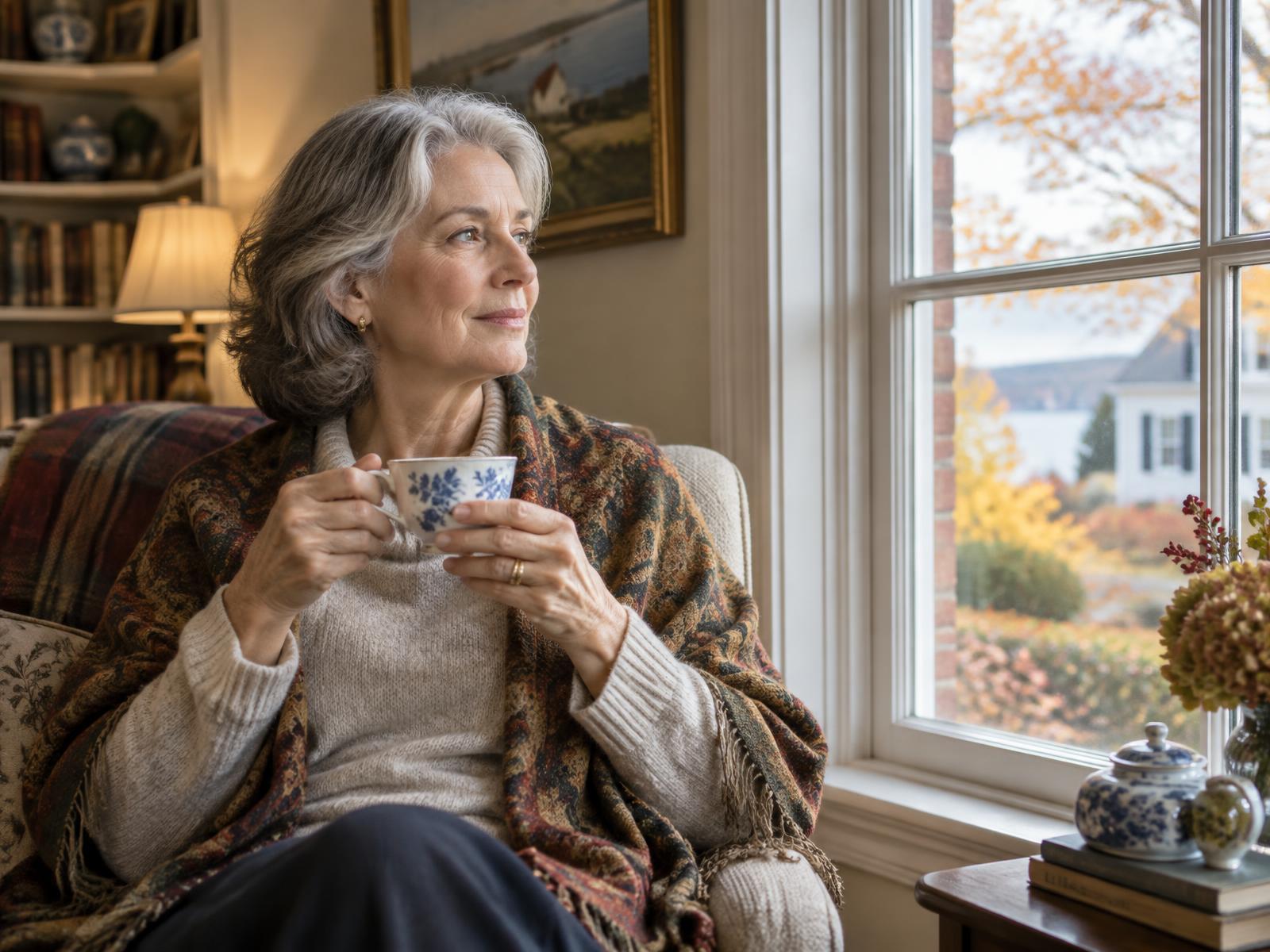 A woman in her sixties with a cup of tea, looking thoughtfully out a window